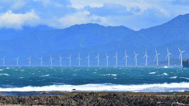 Power-generating wind turbines can be seen at Bangui Bay, Ilocos Norte, Philippines. Photo credit: ADB.