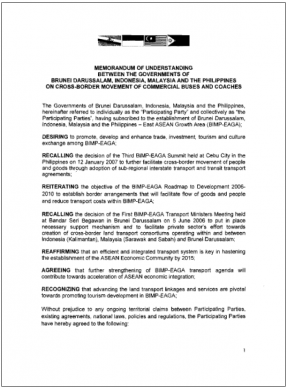 Memorandum of Understanding on Cross-Border Movement of Commercial Buses and Coaches Cover